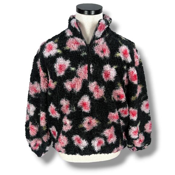 Sandy Liang Target Sherpa 1/4 Zip Jacket Women's Medium Pink Black Floral Fleece - Picture 1 of 10